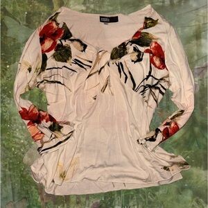 Nola Cream Long-Sleeve Floral Blouse with Red Accents